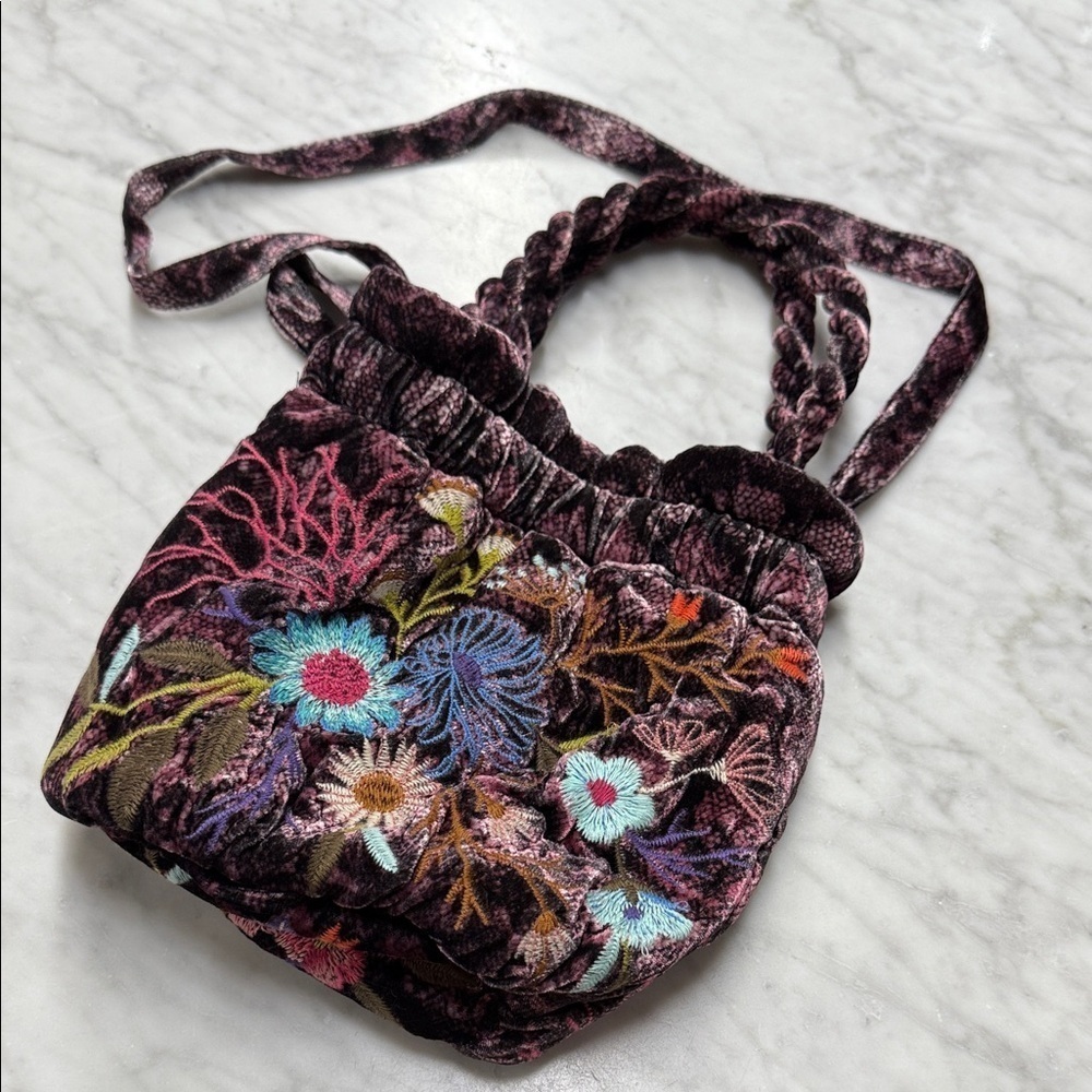 Johnny Was NWT Ulla Velvet Maroon Leopard Flo Embroidered Crossbody Pouch Bag